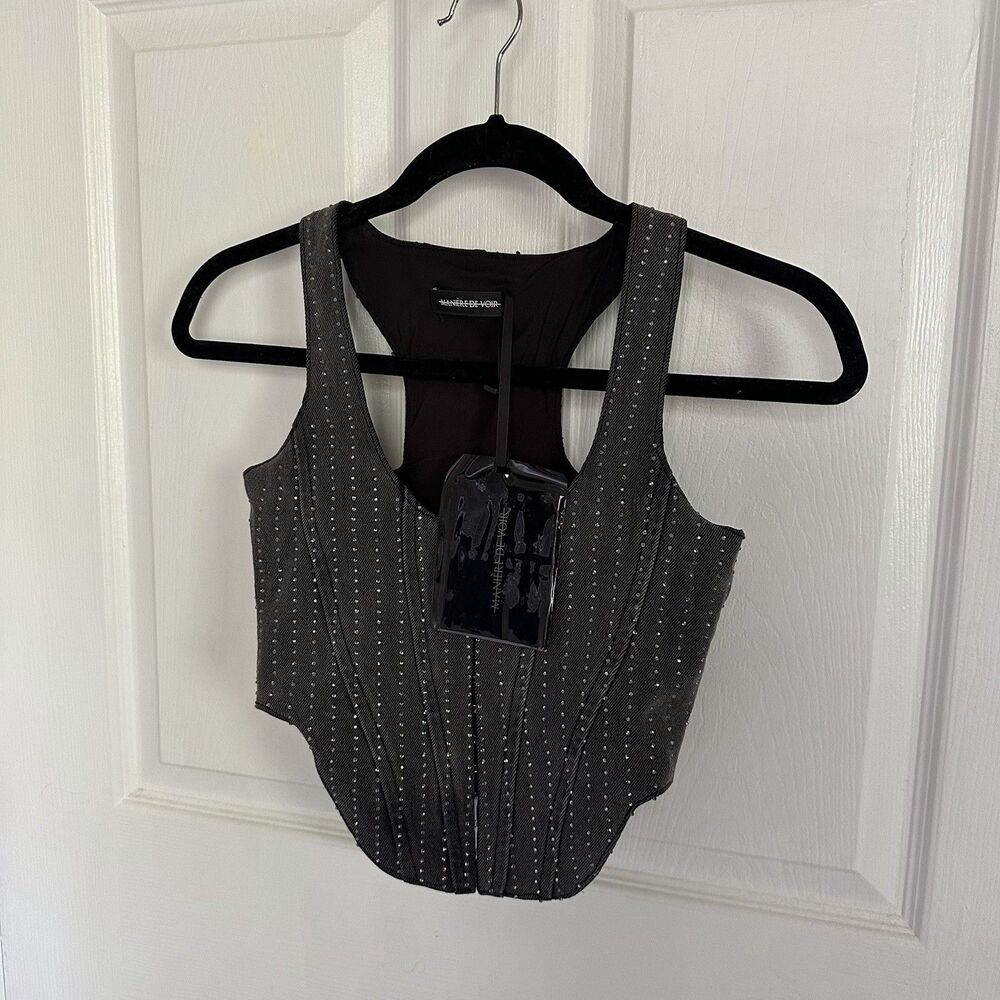 NWT MANIERE DE VOIR RHINESTONE DENIM Corset Dark Gray Black Sleeveless Tank US 0